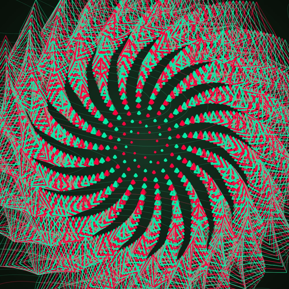 Teal Pyramids – Fibonacci · 155 wireframe pyramids · 7-fold symmetry · Complementary Teal palette · warm grade, tapered strokes, turning solids generated with Espiralito