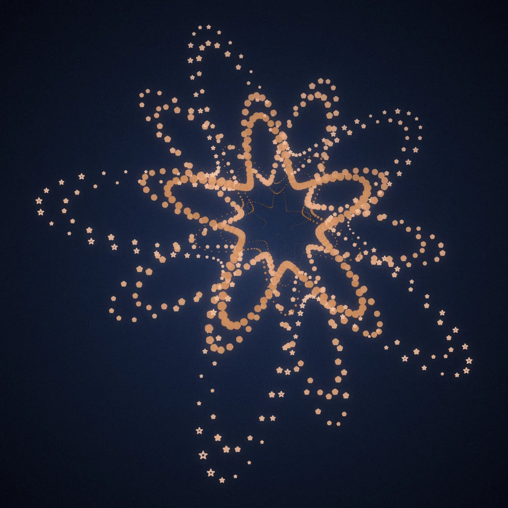 Terracotta Crest – Superformula · 173 circles · 5-fold symmetry · Terracotta palette · bloom, film grain, 3D depth, tapered strokes, shape morphing, fit-to-canvas, noise-sized shapes, depth sorting generated with Espiralito