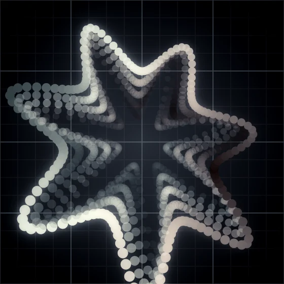 Tide Bloom – Superformula · 136 circles · 7-fold symmetry · Red-Teal palette · bloom, black-and-white grade, 3D depth, depth sorting
