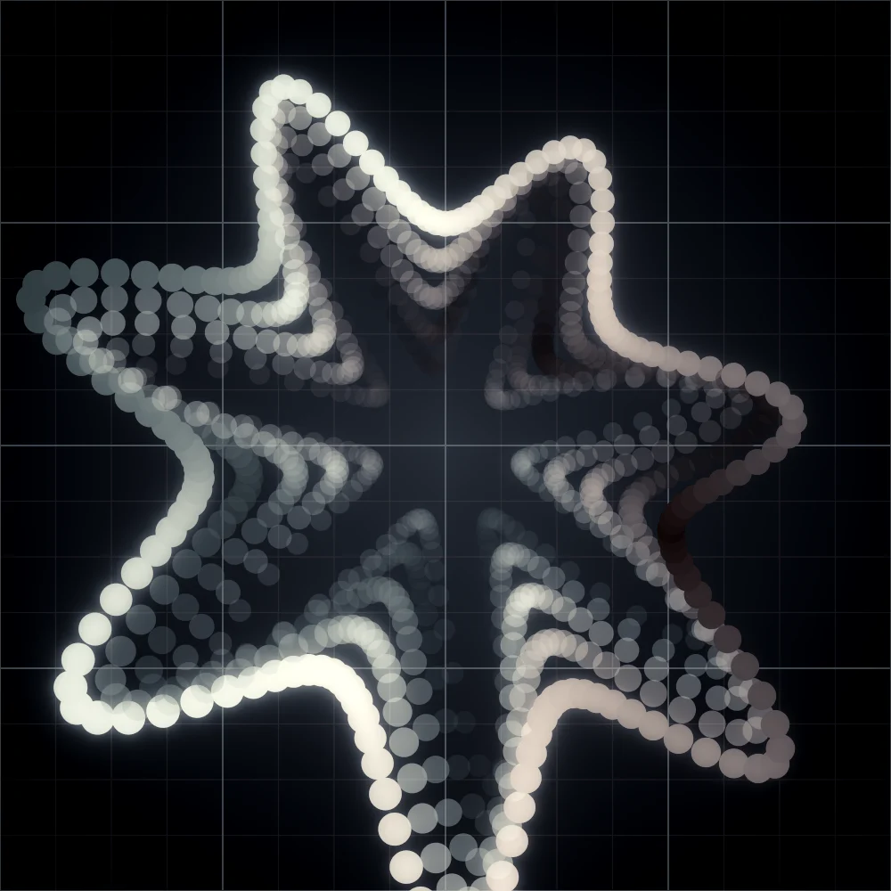 Tide Bloom – Superformula · 136 circles · 7-fold symmetry · Red-Teal palette · bloom, black-and-white grade, 3D depth, depth sorting generated with Espiralito