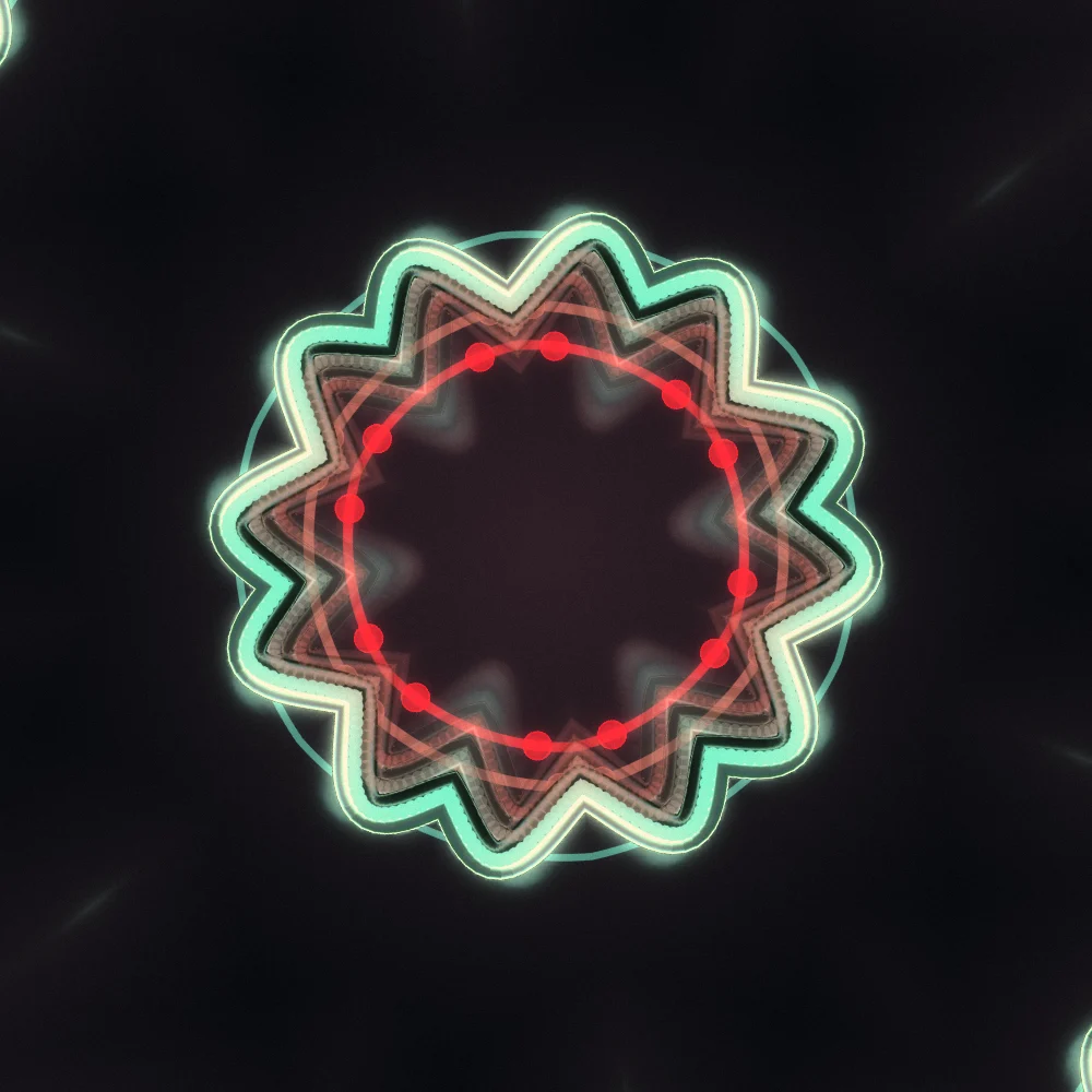 Tide Mirror – Superformula · 135 circles · 8-fold symmetry · Red-Teal palette · ribbons + dots, 6-wedge kaleidoscope with 1 fractal fold, bloom, film grain, warm grade, 3D depth, reverse rotation, animated background, glow, motion trails generated with Espiralito