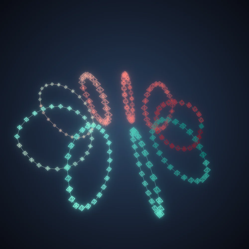 Tide Octahedra – Mandala · 220 wireframe octahedra · Red-Teal palette · bloom, warm grade, 3D depth, glow, depth sorting, turning solids generated with Espiralito
