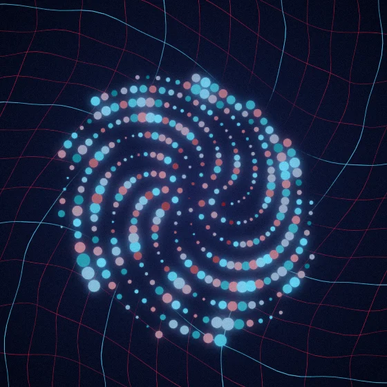 Tide Seedhead – Fibonacci · 181 circles · Red-Teal palette · bloom, film grain, cool grade, 3D depth, glow, noise-sized shapes, depth sorting