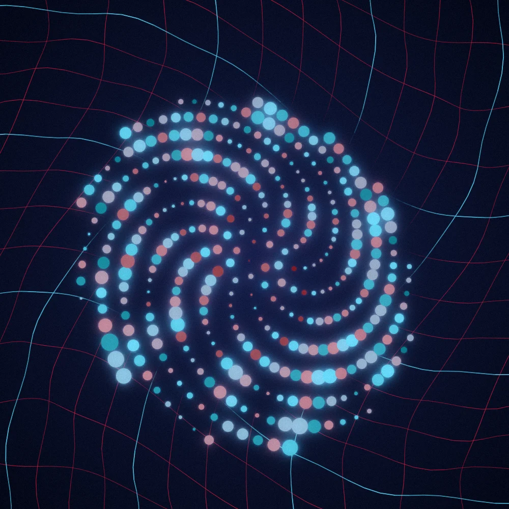 Tide Seedhead – Fibonacci · 181 circles · Red-Teal palette · bloom, film grain, cool grade, 3D depth, glow, noise-sized shapes, depth sorting generated with Espiralito