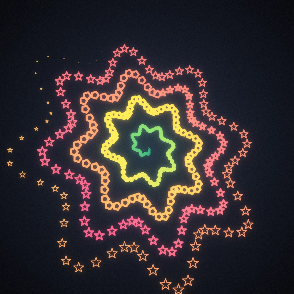 Tropical Bloom – Superformula · 164 diamonds · 8-fold symmetry · Tropical palette · bloom, film grain, warm grade, 3D depth, tapered strokes, shape morphing, depth sorting generated with Espiralito