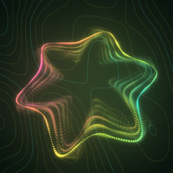 Tropical Chalice – Superformula · 140 circles · 6-fold symmetry · Tropical palette · , 3D depth, animated background, fit-to-canvas, glow, motion trails, noise-sized shapes, depth sorting