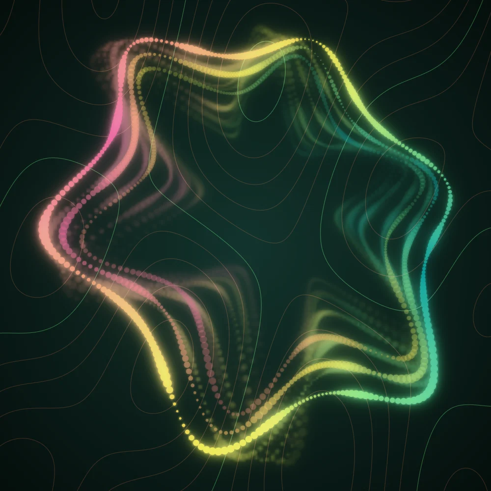 Tropical Chalice – Superformula · 140 circles · 6-fold symmetry · Tropical palette · bloom, 3D depth, fit-to-canvas, glow, motion trails, noise-sized shapes, depth sorting generated with Espiralito