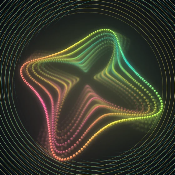 Tropical Crest – Superformula · 178 circles · 4-fold symmetry · Tropical palette · , 3D depth, reverse rotation, animated background, fit-to-canvas, glow, motion trails, depth sorting