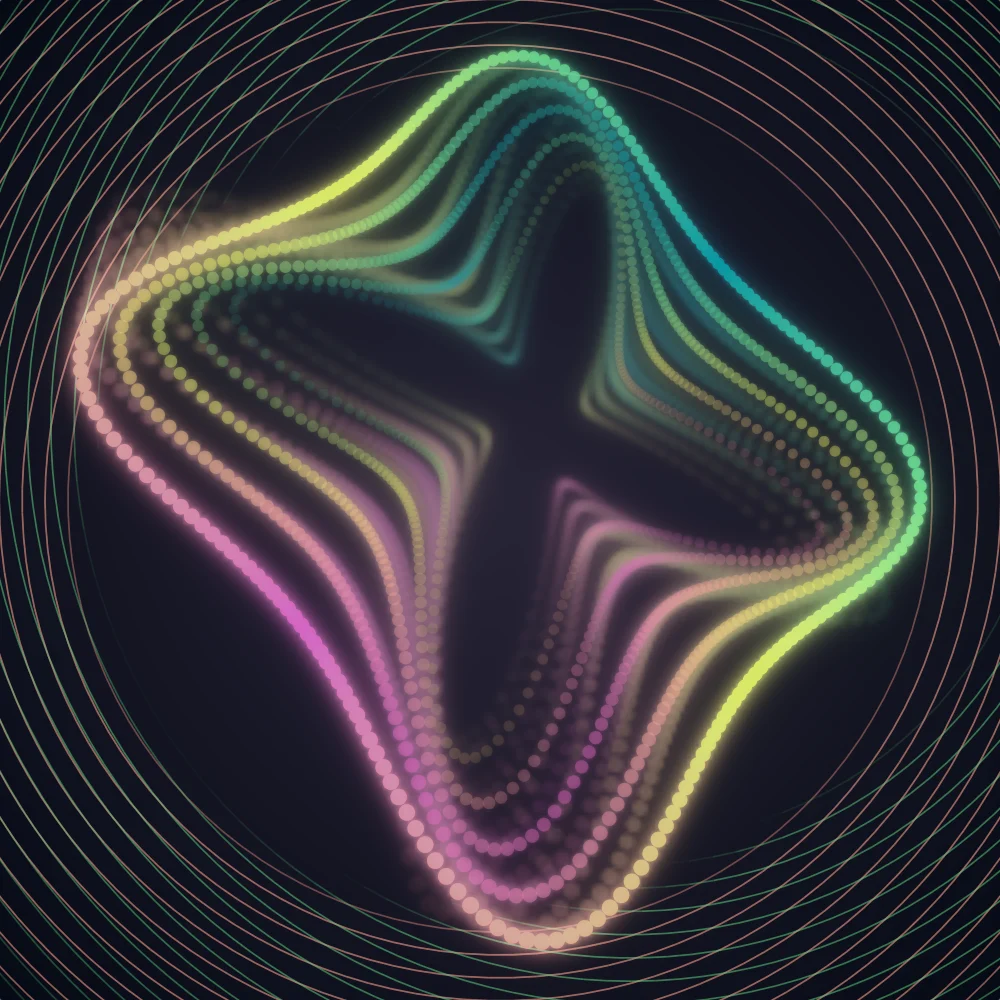 Tropical Crest – Superformula · 178 circles · 4-fold symmetry · Tropical palette · bloom, cool grade, 3D depth, reverse rotation, animated background, fit-to-canvas, glow, motion trails, depth sorting generated with Espiralito