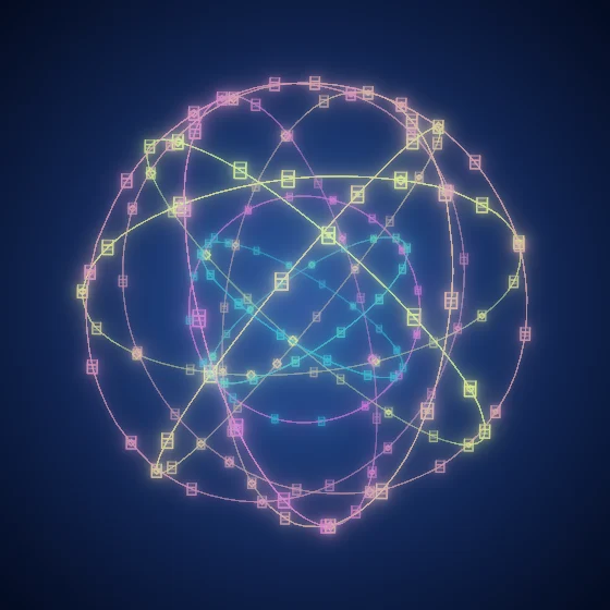 Tropical Cubes – Mandala · 220 wireframe cubes · Tropical palette · bloom, cool grade, glow, turning solids