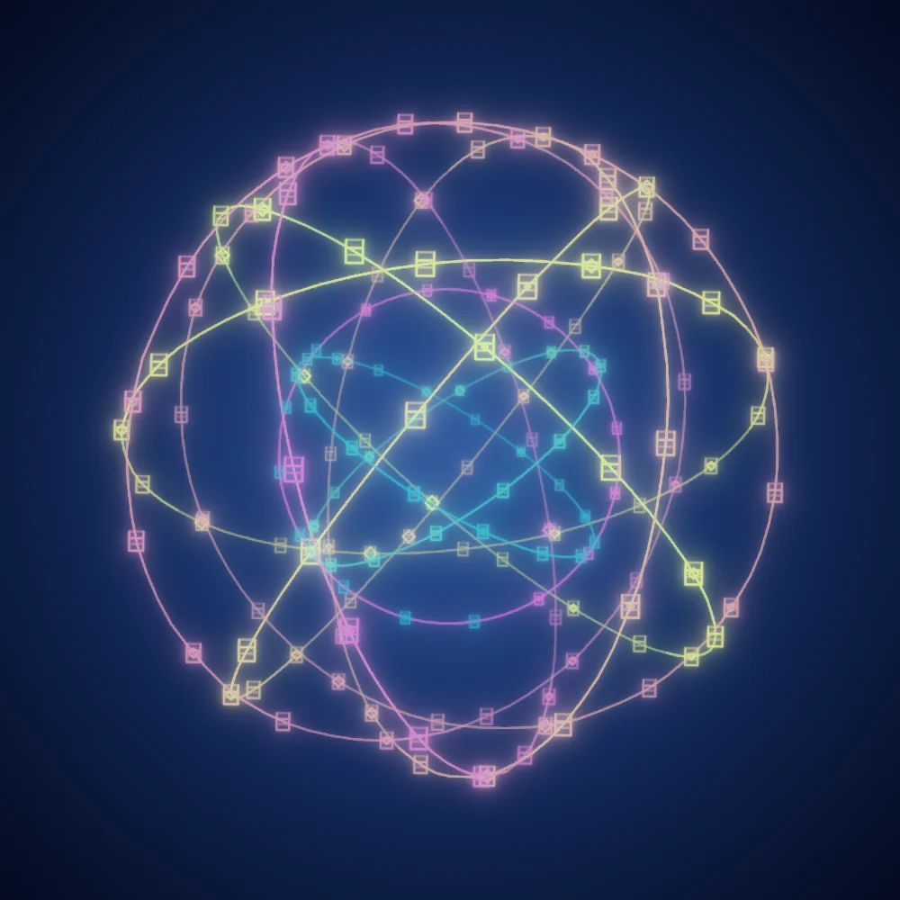 Tropical Cubes – Mandala · 220 wireframe cubes · Tropical palette · bloom, cool grade, glow, turning solids generated with Espiralito
