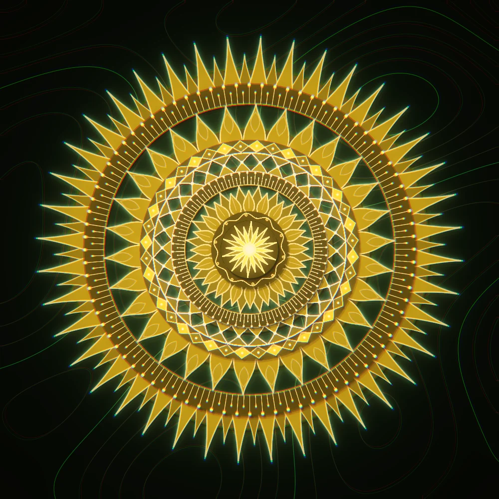 Tropical Layered – Mandala · 220 diamonds · Tropical palette · bloom, chromatic aberration, warm grade, reverse rotation, glow generated with Espiralito