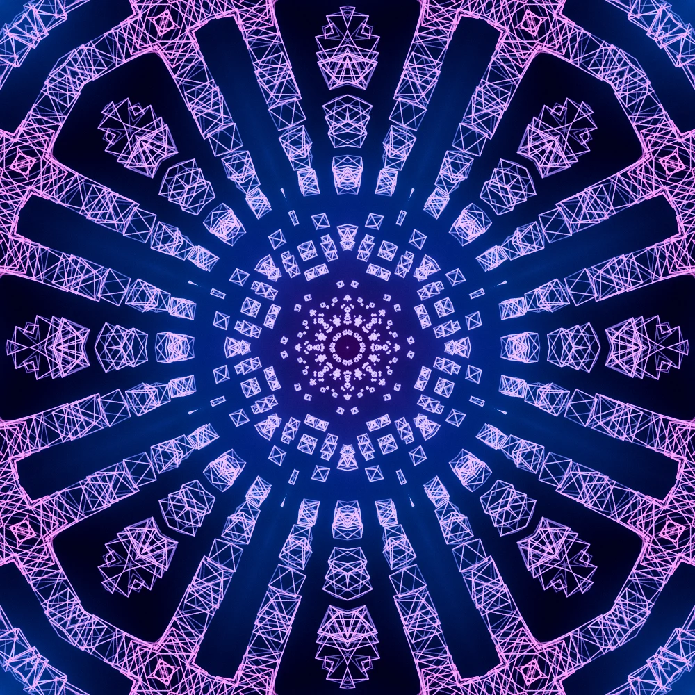 Twilight Octahedra – Spiral · 300 wireframe octahedra · 3-fold symmetry · Candy palette · 8-wedge kaleidoscope with 1 fractal fold, bloom, film grain, neon grade, turning solids generated with Espiralito