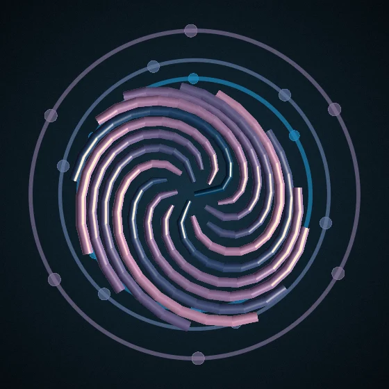 Twilight Seedhead – Fibonacci · 95 circles · Twilight palette · shaded ribbons, film grain, warm grade, 3D depth, animated background
