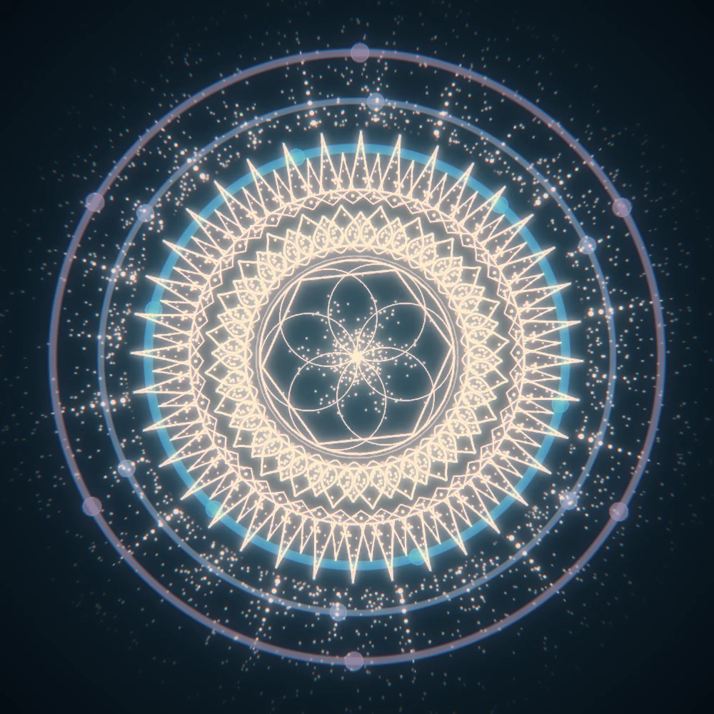 Twilight Vortex – Mandala · 220 circles · Twilight palette · bloom, chromatic aberration, warm grade, glow generated with Espiralito