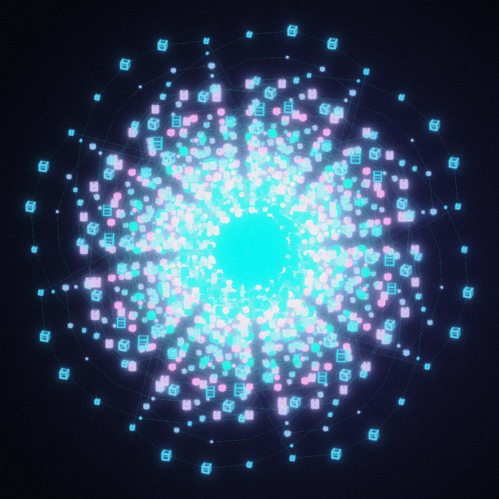 Vapor Cubes – Spiral · 217 wireframe cubes · 8-fold symmetry · Vaporwave palette · bloom, film grain, 3D depth, ellipse distortion, dual spiral, tapered strokes, animated background, fit-to-canvas, glow, noise-sized shapes, connecting lines, turning solids generated with Espiralito
