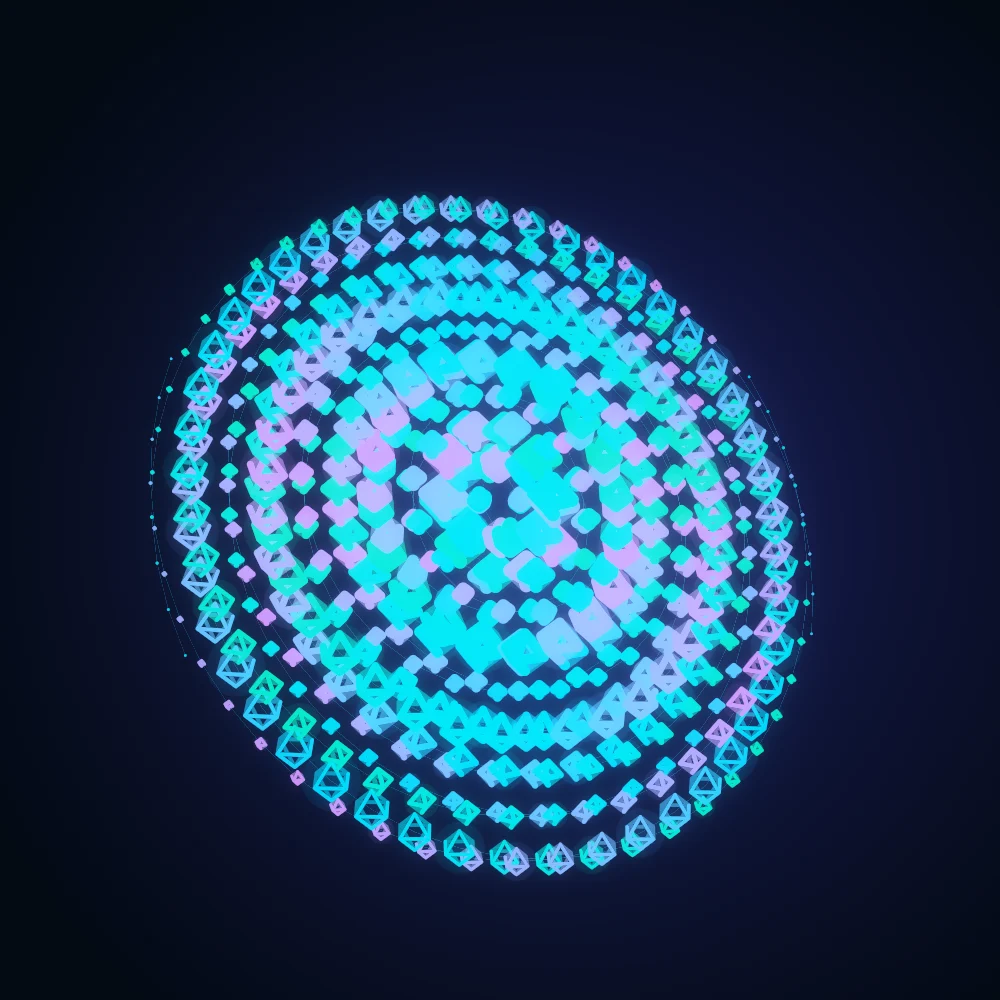 Vapor Octahedra – Spiral · 127 wireframe octahedra · 2-fold symmetry · Vaporwave palette · bloom, cool grade, 3D depth, dual spiral, tapered strokes, animated background, fit-to-canvas, depth sorting, connecting lines, turning solids generated with Espiralito