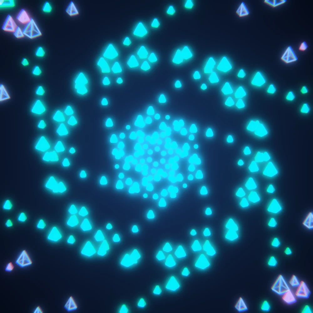 Vapor Pyramids – Spiral · 70 wireframe pyramids · 6-fold symmetry · Vaporwave palette · bloom, chromatic aberration, cool grade, 3D depth, dual spiral, tapered strokes, glow, noise-sized shapes, turning solids generated with Espiralito