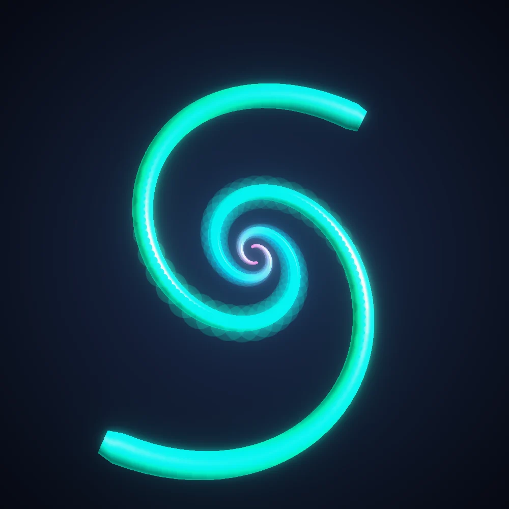 Vapor Spiral – Spiral · 119 circles · 2-fold symmetry · Vaporwave palette · ribbons + dots, bloom, 3D depth generated with Espiralito