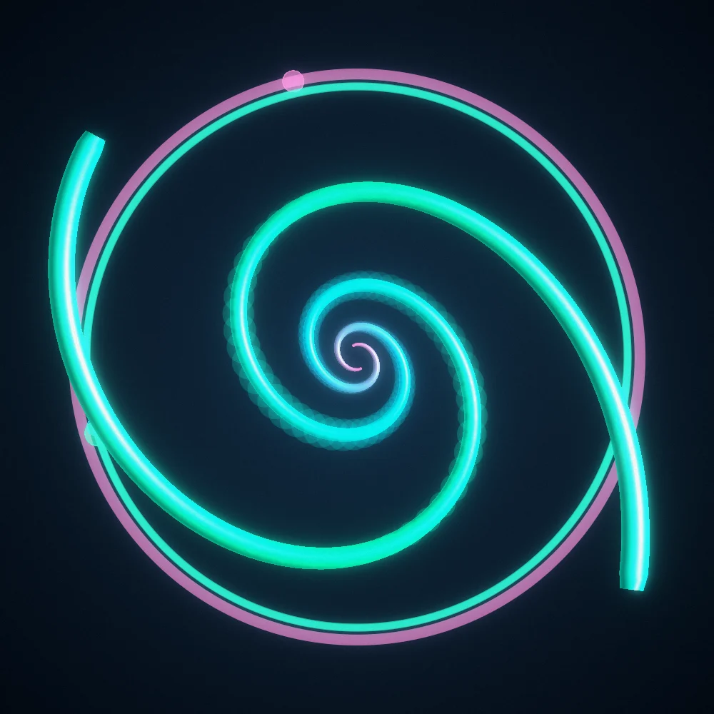 Vapor Whorl – Spiral · 182 wireframe cubes · 2-fold symmetry · Vaporwave palette · shaded ribbons, bloom, film grain, 3D depth generated with Espiralito