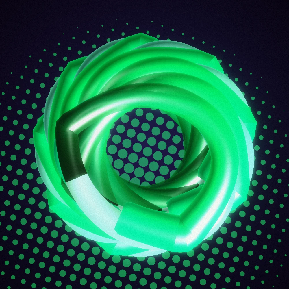 Verdant Knot – Superformula · 223 diamonds · 9-fold symmetry · Bioluminescent palette · shaded ribbons, bloom, film grain, 3D depth, fit-to-canvas, connecting lines generated with Espiralito