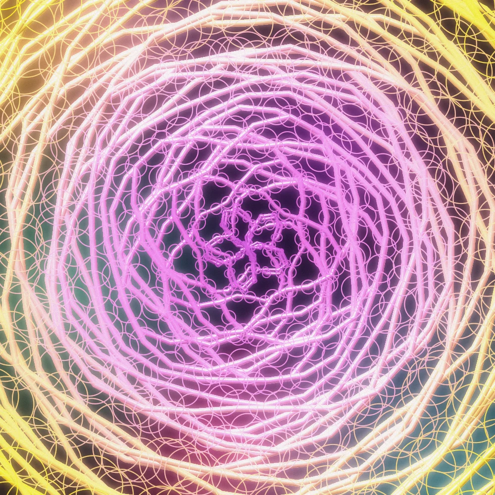 Violet Drift – Spiral · 300 circles · 5-fold symmetry · Galactic palette · ribbons + dots, bloom, film grain generated with Espiralito