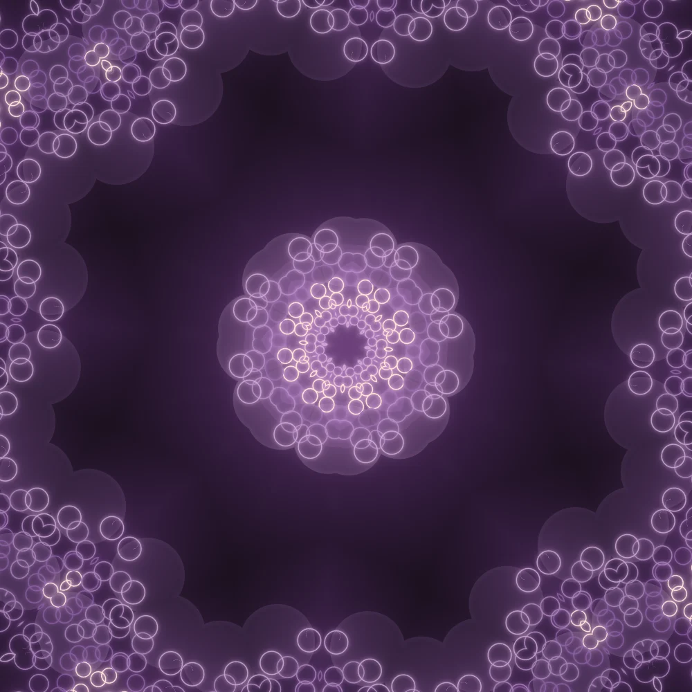 Violet Kaleidoscope – Mandala · 220 circles · Violet palette · 8-wedge kaleidoscope with 2 fractal folds, bloom, warm grade, ellipse distortion, glow generated with Espiralito