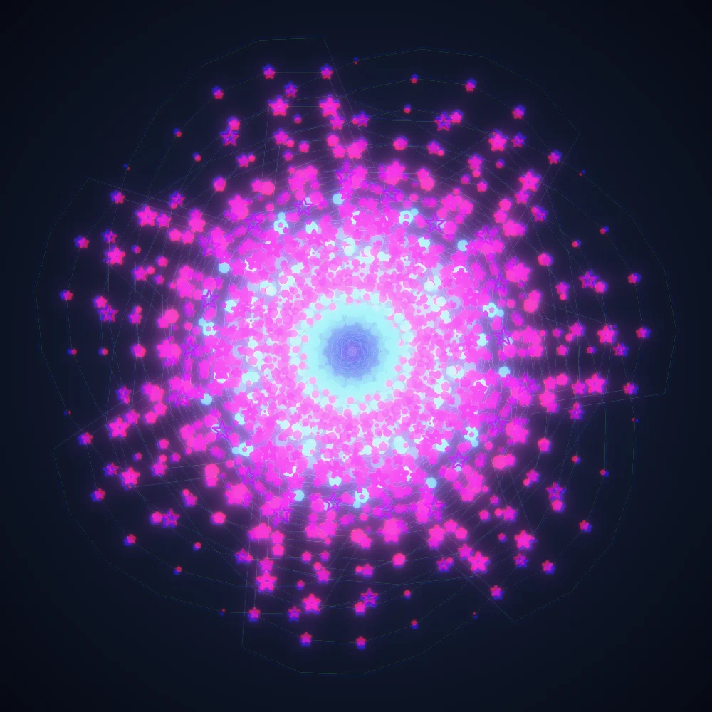Violet Pulsar – Spiral · 235 triangles · 7-fold symmetry · Iridescent palette · bloom, chromatic aberration, 3D depth, ellipse distortion, dual spiral, tapered strokes, shape morphing, fit-to-canvas, glow, noise-sized shapes, depth sorting, connecting lines generated with Espiralito