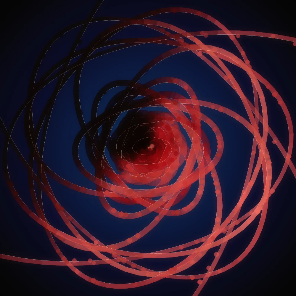Wine Whorl – Organic · 217 diamonds · 6-fold symmetry · Wine palette · bloom, warm grade, 3D depth, tapered strokes, depth sorting generated with Espiralito