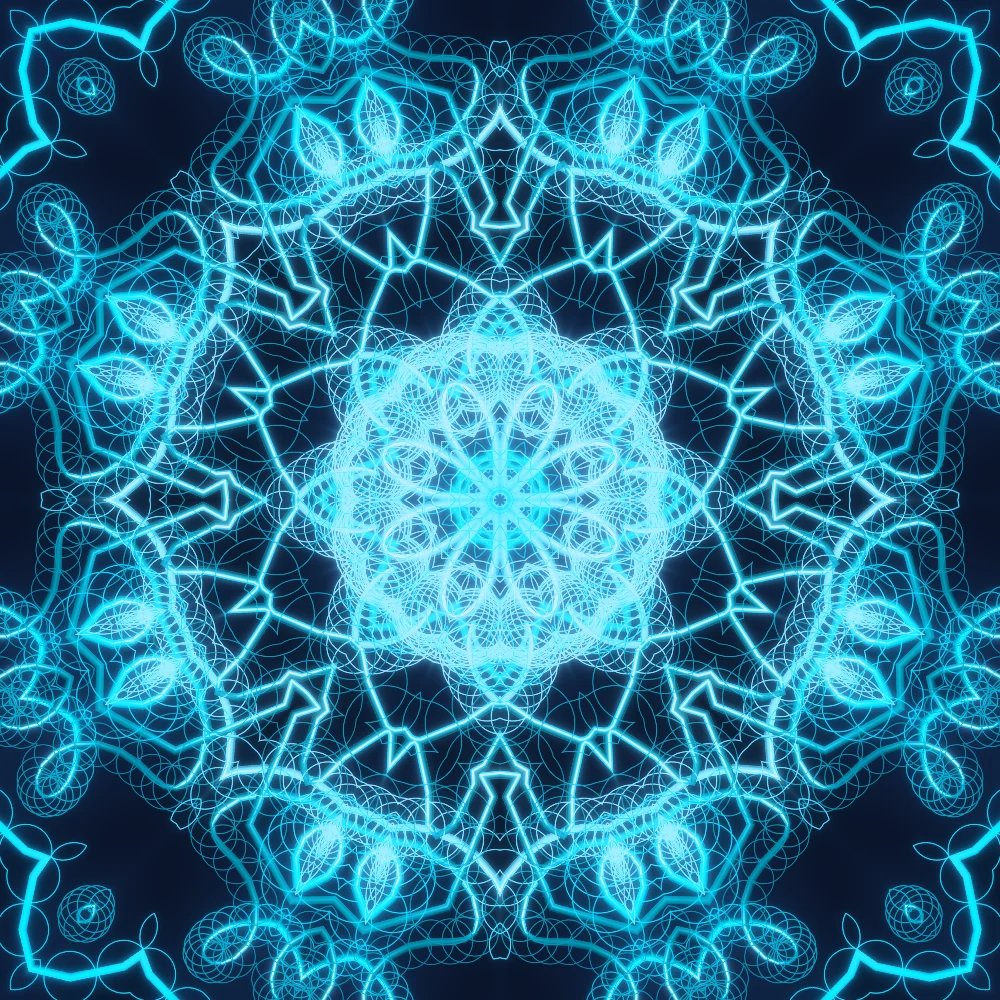 Winter Rosette – Spirograph · 300 circles · Mono Cyan palette · ribbons + dots, 8-wedge kaleidoscope with 2 fractal folds, bloom, cool grade generated with Espiralito